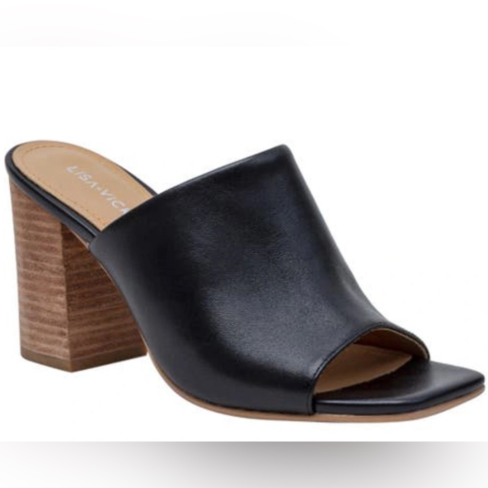 Lisa Vicky Virtue Black Sheep Nappa Leather Block Heel Mule Slides NWT Size 10